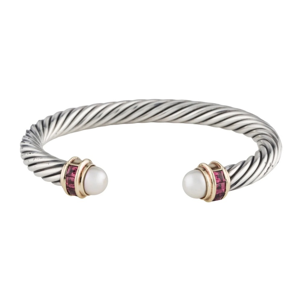 David Yurman Elegant Silver and Gold Bracelet with Pearls and Garnets